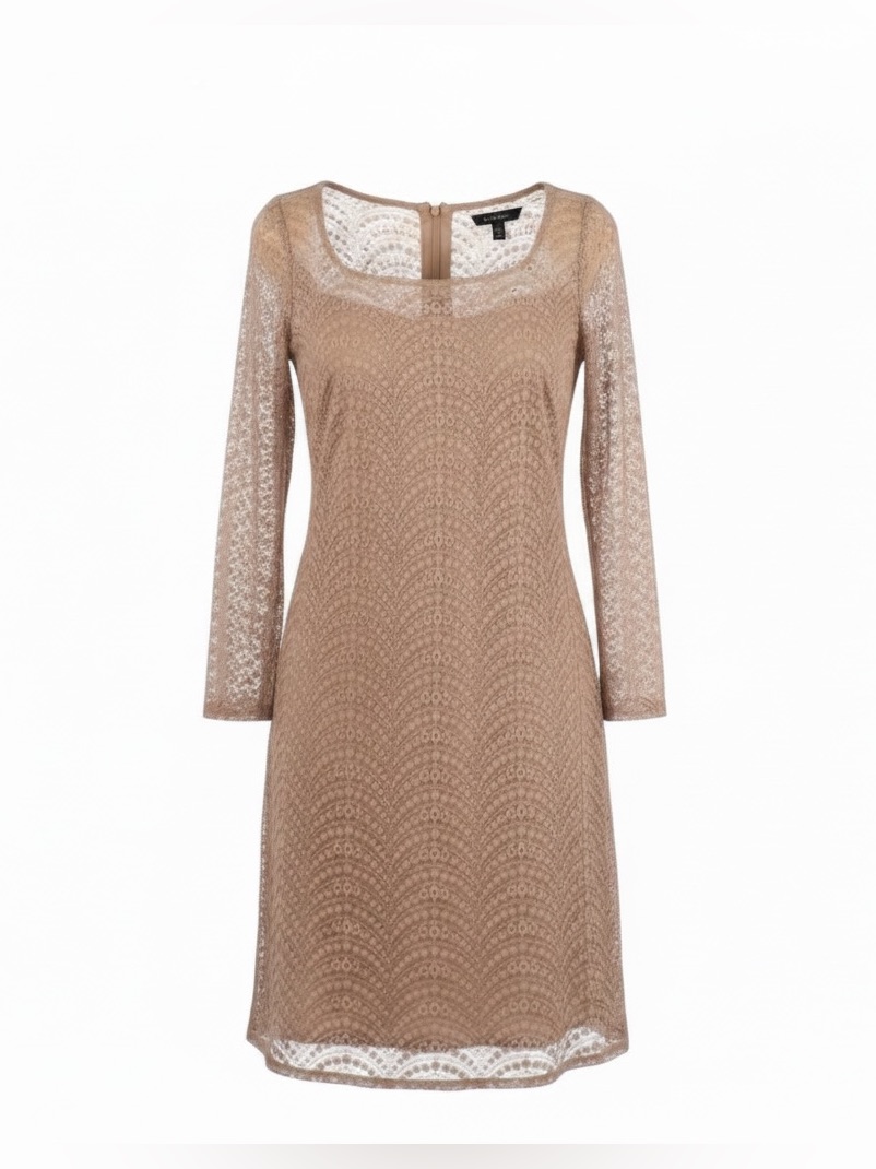Muse 6 Tan Semi Sheer Eyelet Crochet Layered Over Slip Square Neck Boho Dress
